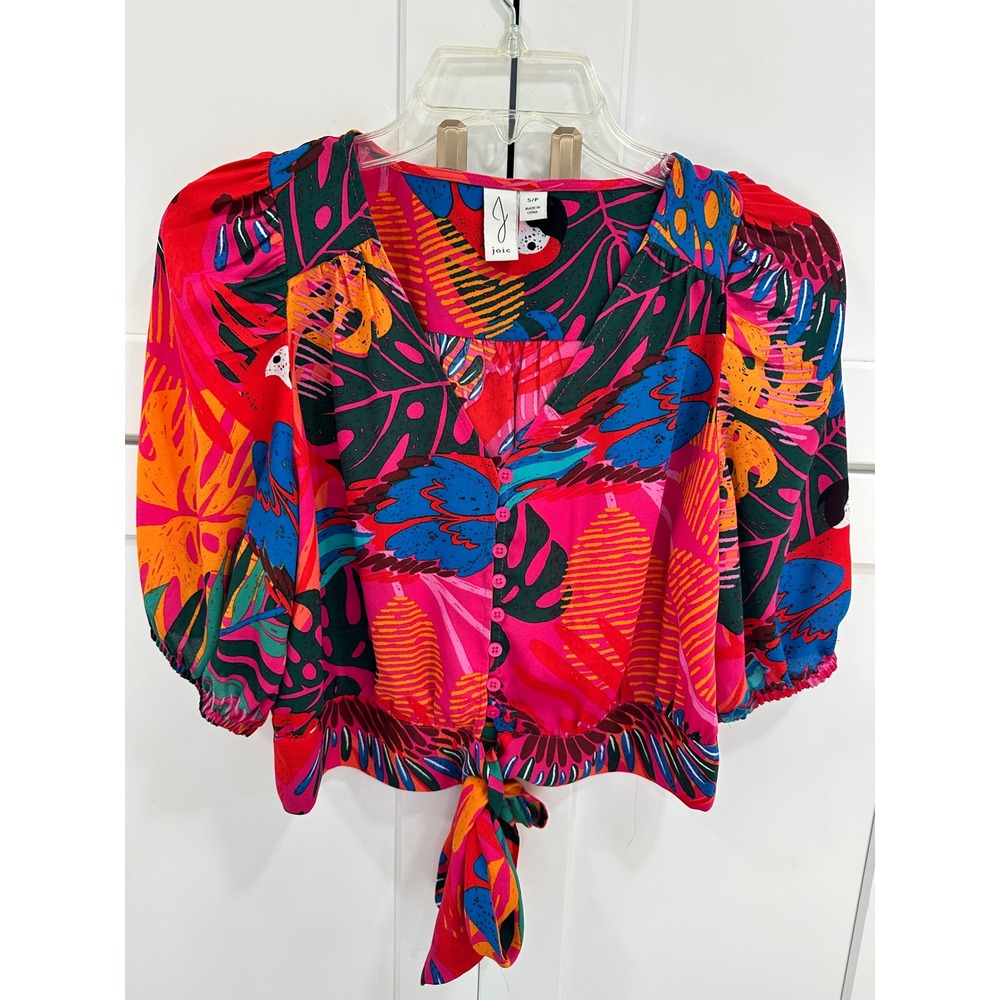 Joie Tropical Parrot‎ Print Tie Front Puff Sleeve Blouse Pink Red S